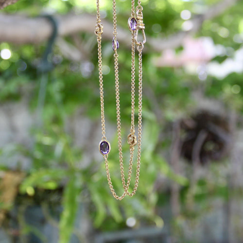 Collier Chaîne station édouardienne en or 14 carats avec améthyste et fleurs 58 Facettes A2002K