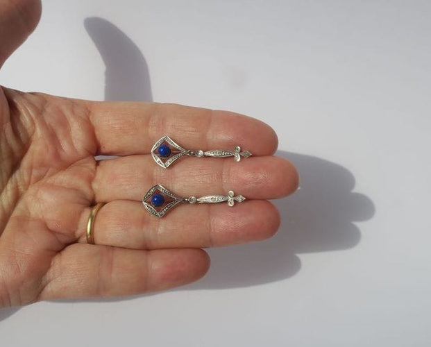 Boucles d'oreilles Boucles d’oreilles pendantes Art Déco lapis lazuli diamants 58 Facettes