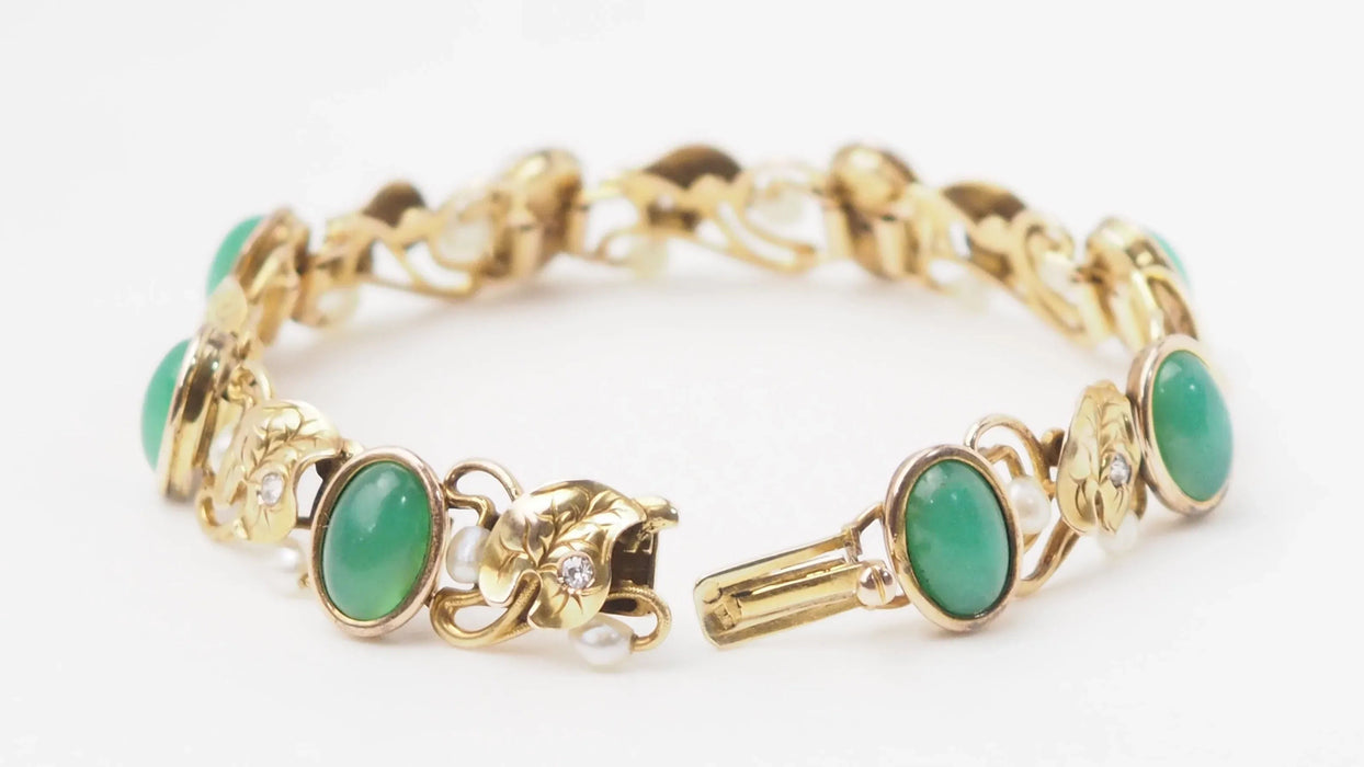 Armband aus Chrysopras-Diamanten und feinen Perlen aus Gelbgold