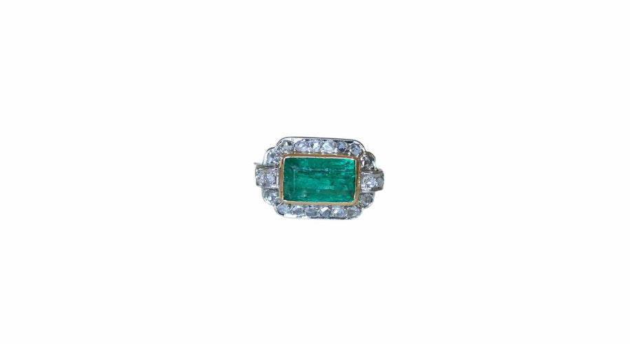 Bague 53 Bague Art déco Emeraude Colombienne 1.70 Cts et diamants 58 Facettes
