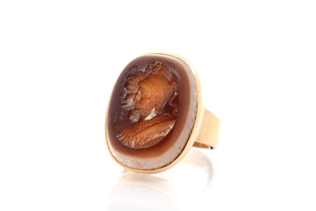 Old intaglio ring on agate yellow gold
