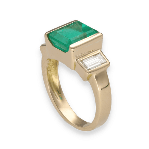 Bague 50-51 Bague en or jaune 18K avec emeraude de Colombie 2,88 cts et diamants baguette - Certificat Carat Gem Lab - Taille ajustable 58 Facettes FB09851