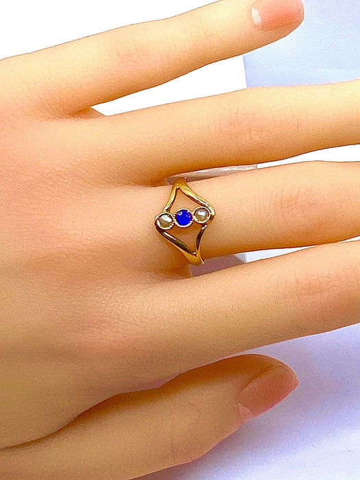 Bague 54 Bague or jaune, perles et pierre bleue 58 Facettes AB427