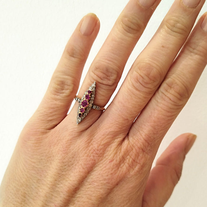 Old Marquise ring with ruby diamonds