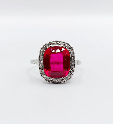 Ring Art Deco white gold, synthetic ruby and rose-cut diamonds (circa 1930) 