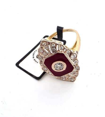 Bague 54 Bague en or jaune avec diamant central, diamants d'accompagnement et émail 58 Facettes