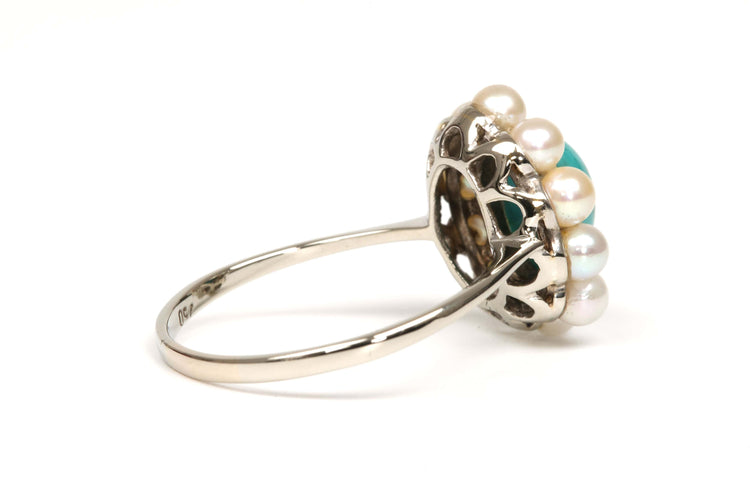 Inel Art Deco aur alb, turcoaz și perle