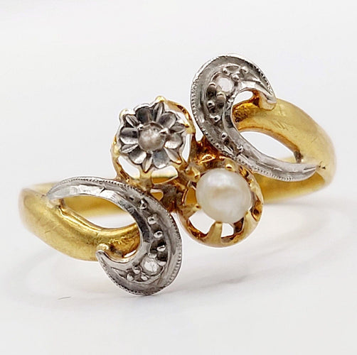 Bague 52 Bague toi et moi antique or 18k diamant taille rose et perle (circa 1900) art nouveau 58 Facettes A05423