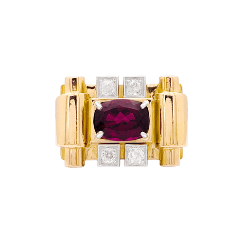 Bague 54 Bague "tank", deux tons d'or, grenat et diamants. 58 Facettes 34577