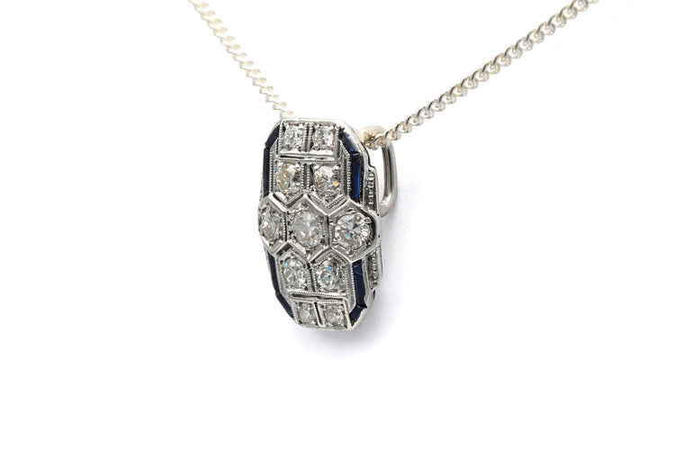 Privesak Art Deco od belog zlata 18k sa safirima, brilijantski dijamanti 