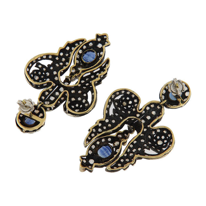 Earrings in yellow gold and silver with sapphires and diamonds