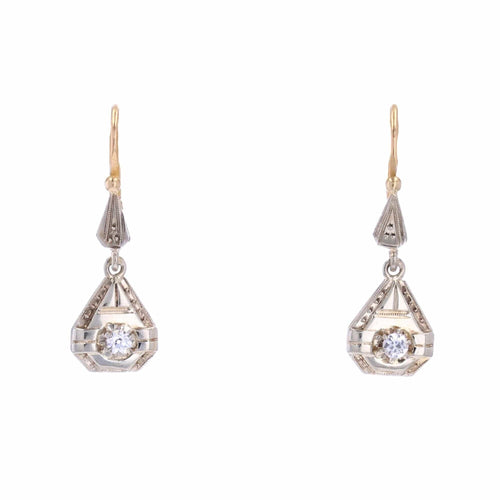 Boucles d'oreilles Dormeuses anciennes géométriques 2 ors saphirs blancs 58 Facettes 20-040B