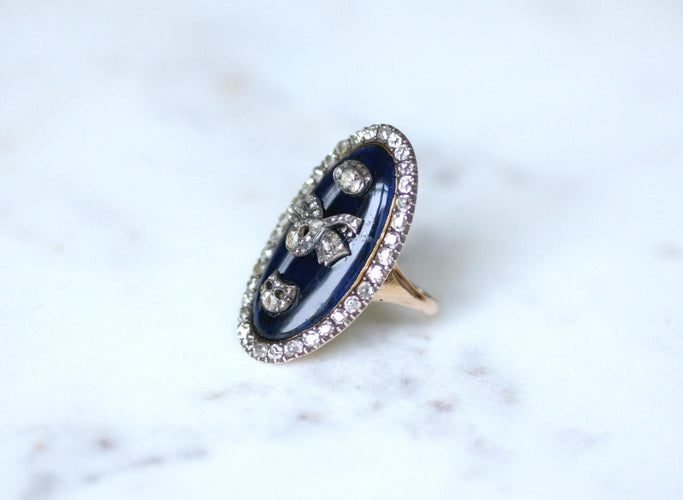 Bague 61 Bague Navette XVIIIe Siècle Diamants Email Bleu sur Or et Argent 58 Facettes