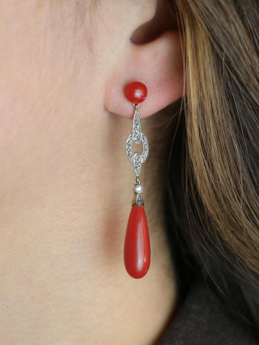Boucles d'oreilles Boucles d'oreilles pendantes Art Deco corail rouge diamants taille rose 58 Facettes 1087.19