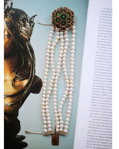 Bracelet Bracelet 5 Rangs Perles de culture et Perles d'Emeraude avec Fermoir broche 58 Facettes A11365