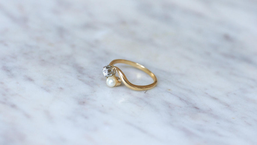 Bague 53.5 Bague Toi et Moi en Or Jaune Platine Perle et Diamant 58 Facettes