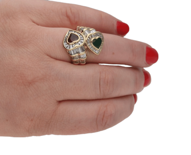 Geelgouden diamanten ring met robijn en smaragd