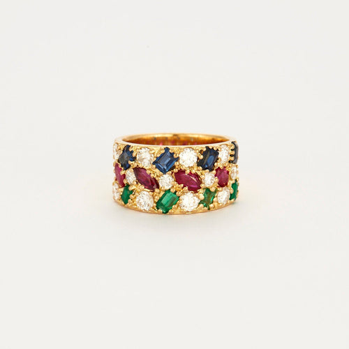 Bague Bague vintage en or jaune sertie de diamants, saphirs, rubis et émeraude. 58 Facettes