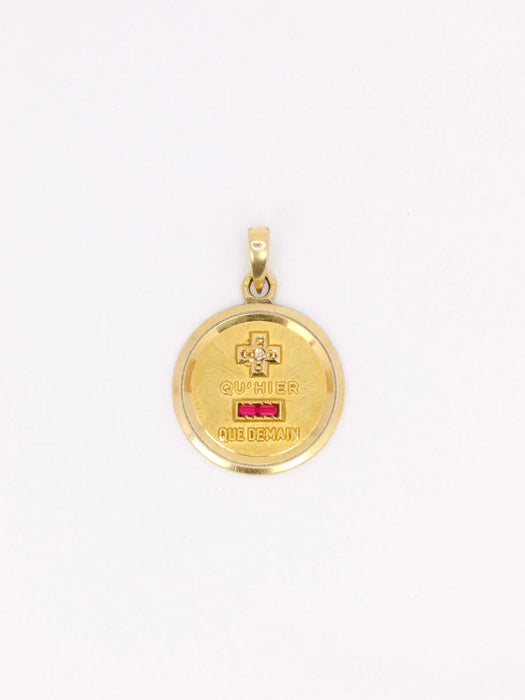 AUGIS - Round love medal More than yesterday less than tomorrow yellow gold diamond ruby