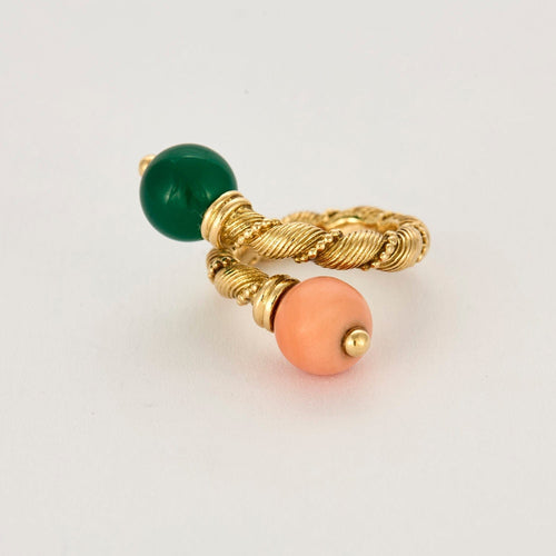 Bague 46 Bague toi et moi or jaune, chrysoprase et corail 58 Facettes RAM28449