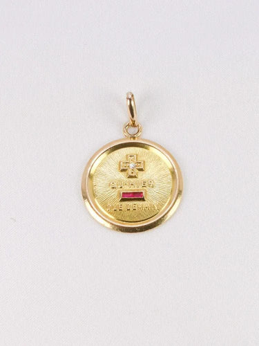 Pendentif Médaille amour Augis ronde Plus qu'hier moins que demain or jaune diamant rubis 58 Facettes J552