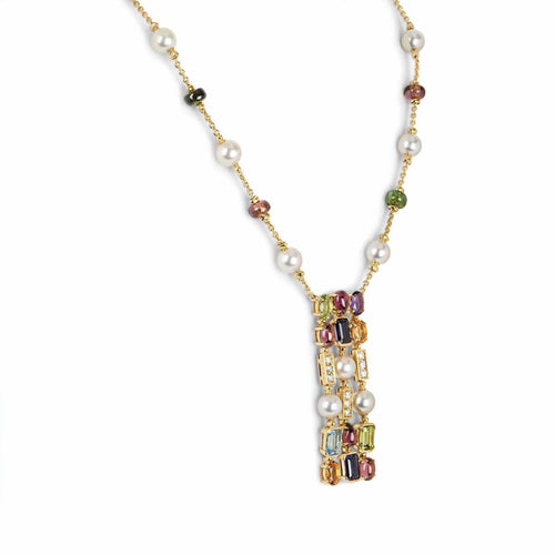 Collier BULGARI - Collier Allegra en or jaune, pierres de couleur, perles et diamants 58 Facettes