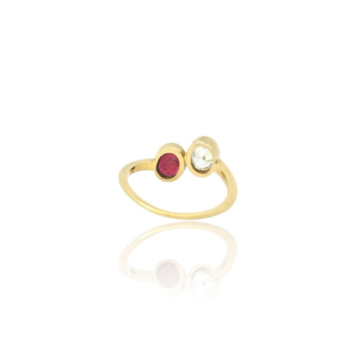 Toi & Moi yellow gold diamond and ruby ring 