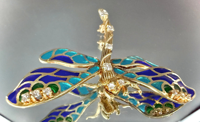 Broche Broche libellule or jaune ornée d'émail et diamants 58 Facettes