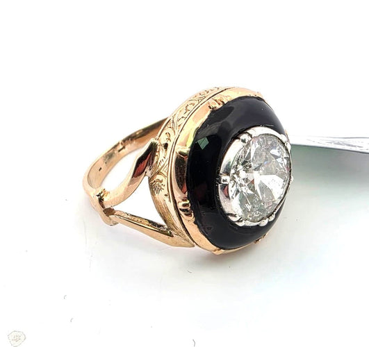 Bague 61 Bague victorienne ancienne en or jaune avec un gros diamant de 3,52 carats et un onyx taillé à la main 58 Facettes
