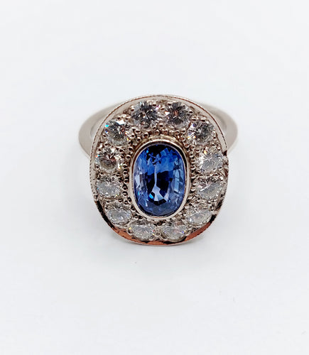 Pompadour-ring Art Deco i 18k hvidguld, syntetisk safir og diamanter 