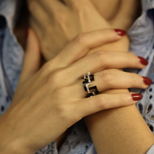 Bague 50 Bague Mellerio Graphic GM en or gris 18K et ceramique - Taille 50 58 Facettes FB07050