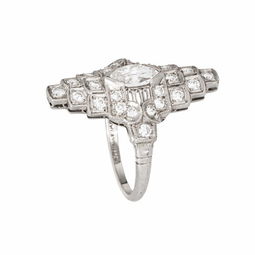 Bague 49 Bague de cocktail vintage Art déco en diamants, platine, navette, fine 58 Facettes G14077