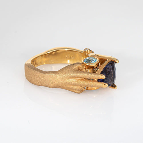 Tanzanite Topaz Hands Ring Estate 14k Yellow Gold Sz 6.5 Fine Mystical Jewelry 58 Facettes G13866