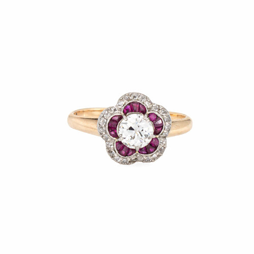 Bague 50.5 Bague de fiançailles ancienne de style édouardien, sertie d'un diamant et d'un rubis, en or 14 carats et platine, taille 5,5. 58 Facettes G14142