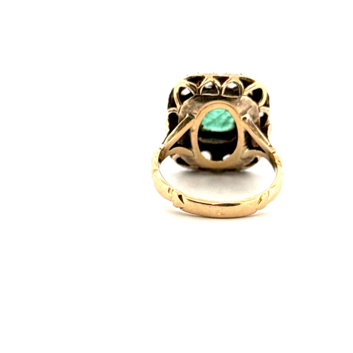 Vecchio anello in oro giallo con smeraldi e diamanti