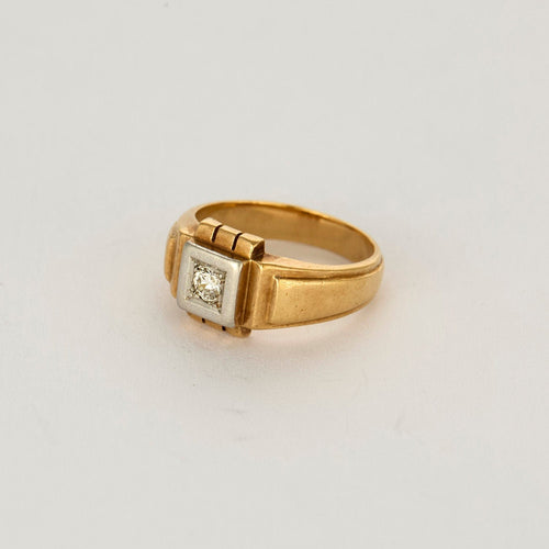 Bague 49 Chevalière or jaune et gris centré d'un diamant 58 Facettes CAN1105