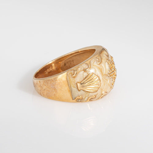Bague Bague coquillage étoile de mer en or jaune 14 carats, anneau émaillé, taille 6, bijou ancien de qualité sur le thème de l'océan 58 Facettes G14010
