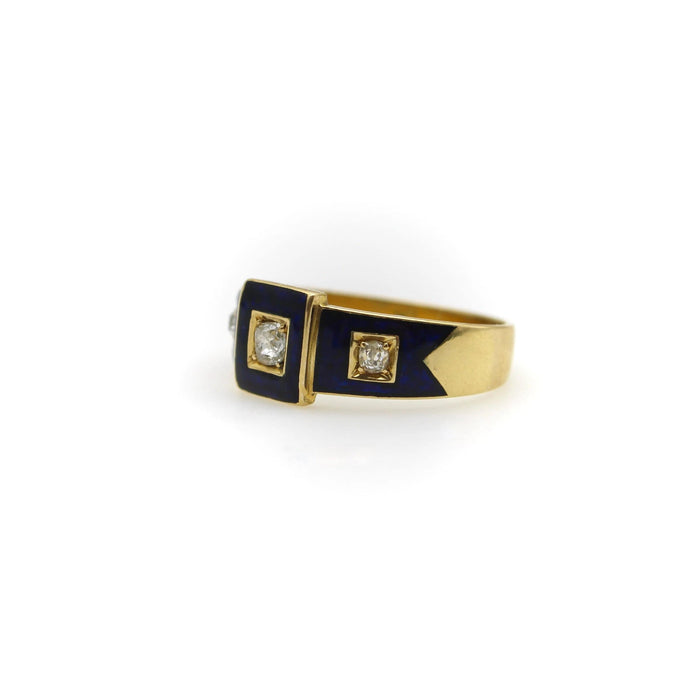 Bague 18K Gold Early Victorian Diamond Trilogy Ring with Blue Enamel Details 58 Facettes