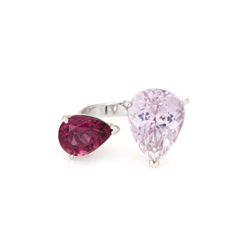 Bague 54.5 Bague ouverte en or blanc 18 carats et tourmaline rose kunzite, taille 7, bijou cocktail vintage 58 Facettes G14140