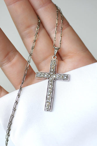 Pendentif Pendentif Croix Art Déco Perles et Diamants 58 Facettes