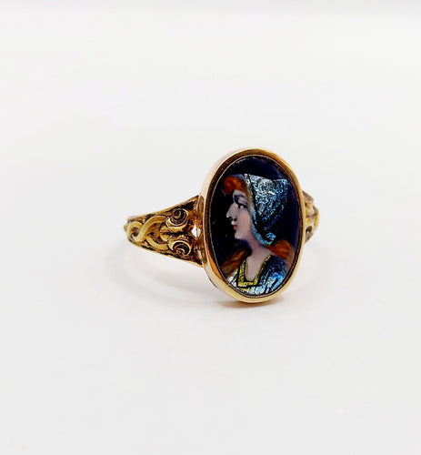 Bague 56.5 Bague Art nouveau Limoges en or 18k, plaque émaillée profil féminin circa 1910 58 Facettes A06400