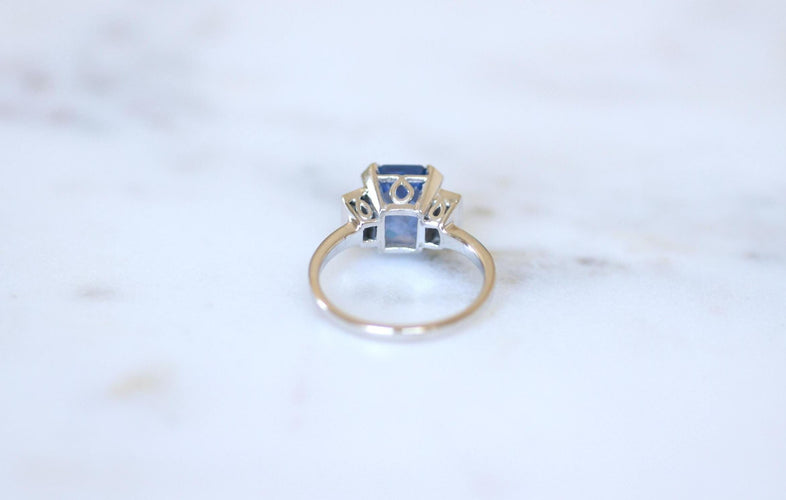 Bague 55 Bague en Or Blanc, Platine, Saphir Ceylan Non Chauffé et Diamants Baguettes 58 Facettes