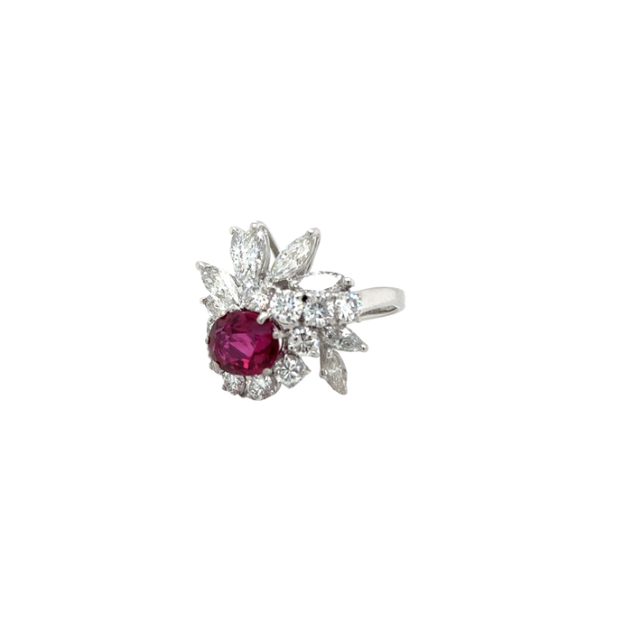 70s Cocktail Ring White Gold Ruby Diamonds