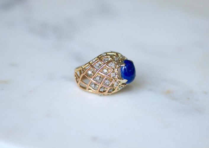 Bague 52 Bague Cocktail rétro or jaune, Lapis Lazuli et Diamants 58 Facettes