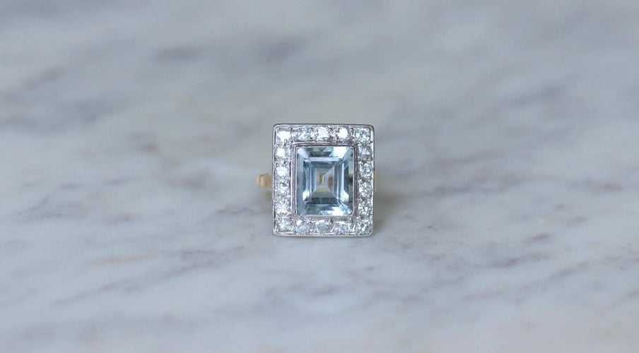 Bague 52 Bague Art Déco Aigue-Marine et Diamants 58 Facettes