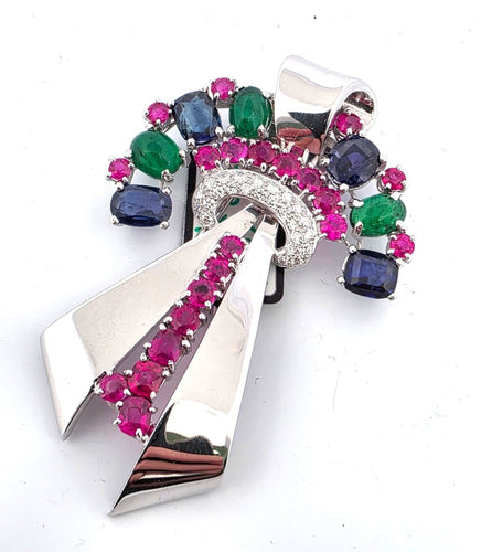 Broche Magnifique broche tutti frutti en or blanc massif ornée d'un mélange de pierres précieuses 58 Facettes