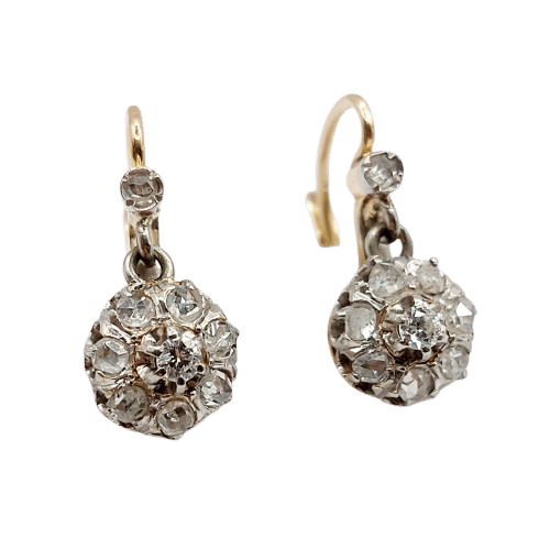 Boucles d'oreilles Dormeuses marguerites or jaune, platine, diamant rond et diamants taille rose (circa 1900) 58 Facettes A06360