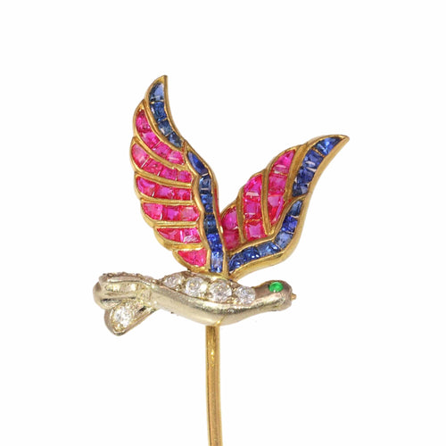 Broche Épingle à cravate vintage d'inspiration Art déco représentant un oiseau en vol avec des pierres précieuses multicolores 58 Facettes 24204-0272