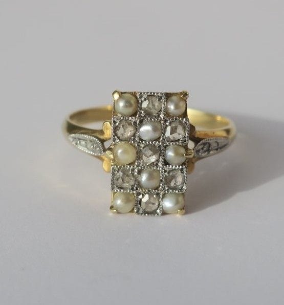 Bague 54 Bague ancienne damier diamants perles or jaune et platine 58 Facettes