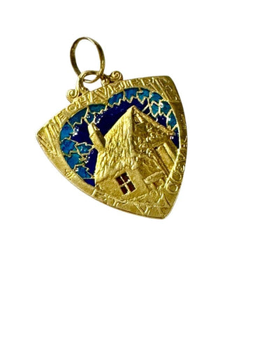 Pendentif Médaille d'Amour- une Chaumière et un Coeur, or et émail 58 Facettes